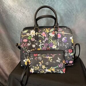 Dasein Floral Satchel Handbag with Matching Wristlet Pouch Top Handle Bag